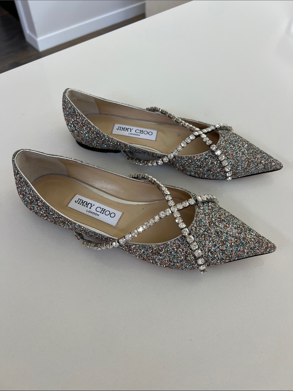 Jimmy Choo genevi pointed toe multicolor glitter ballet criss cross crystal flat